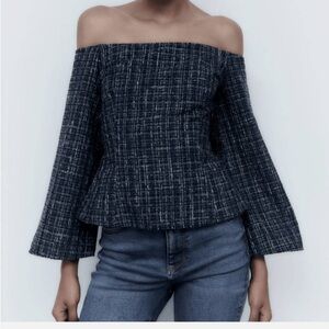 Zara Women's Blue Tweed Textured Off the Shoulder Top Long Sleeve Size XS